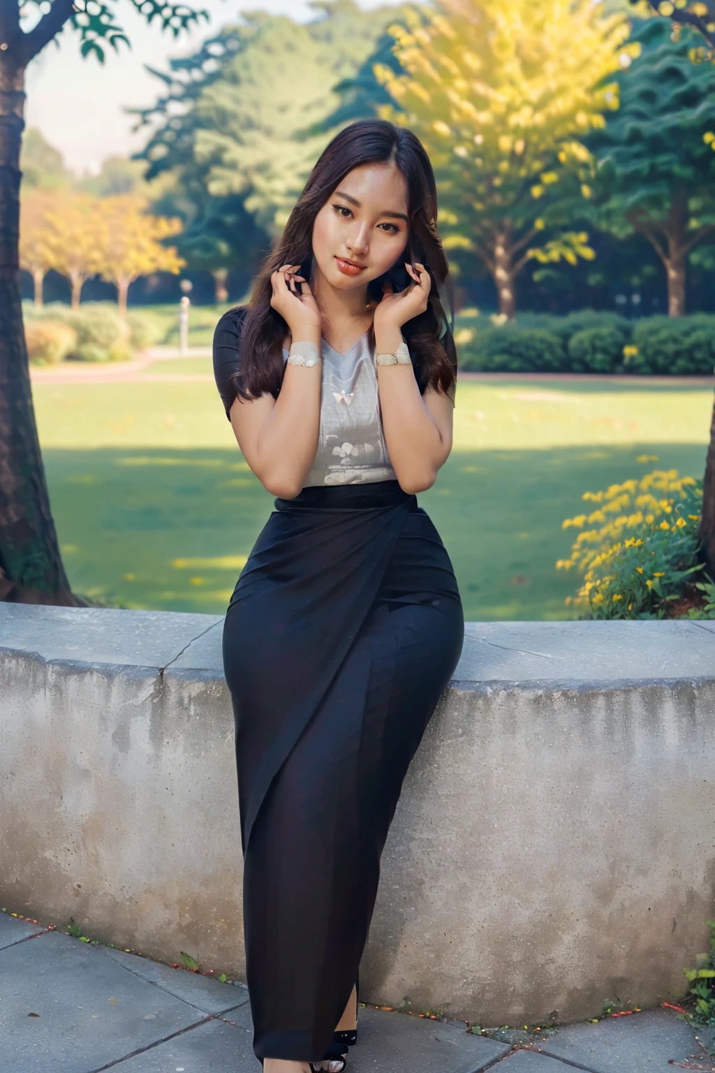 arafed asian woman in a satin dress standing in front of a crowd, (((full body view:2))), ((pretty lady MoonLay:1.2)), ((((pretty lady MoonLay's mature seductive face and cute small smile:1.3)))), ((stylish seductive sitting pose with smartphone for photography:1.5)), ((hand down with smartphone pose:1.5)), ((wearing Myanmar traditional elegant and stylish affair:1.2)), ((super curvy and wide buttock)), ((white top dress:1.5)), ((red satin skirt:1.5)), ((blue sandal high heel)), south east asian with square face, traditional beauty, beautiful asian girl, anime thai girl, a young beautiful asian woman, (((photorealistic background))), ((in a beautiful park with vibrant colorful trees background:1.5)), ((cinematic star shaped bokeh background blur:1.7)), (((photorealistic cloudy evening sky with golden sunlight15))), (cinematic enhance HDR portrait glow lighting))), perfect anatomy, cannon mark v, DSLR quality, (perfect anatomy), (perfect toes), (perfect hands), (realistic smartphone),