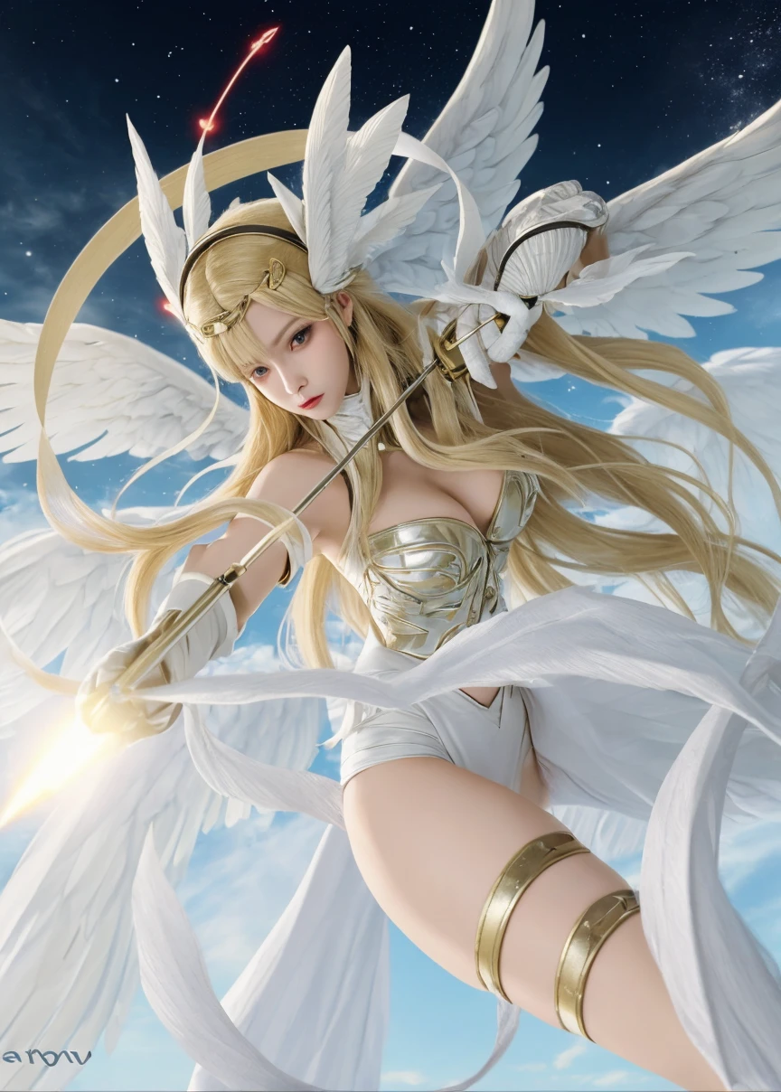 (Masterpiece: 1.4), (Best Quality: 1.4), (Very Cute Angel Girl, Super Detailed Face, Jewel-like Eyes, White Very Long Hair, Colorful Gradient Hair: 1.4), (Angel Ring:
1.4), (Angel Wings: 1.4), (Full body, perfect 2 arms, perfect 2 legs: 1.4), Perfect 4 fingers: 1 thumb, light, shine, bokeh, super fine