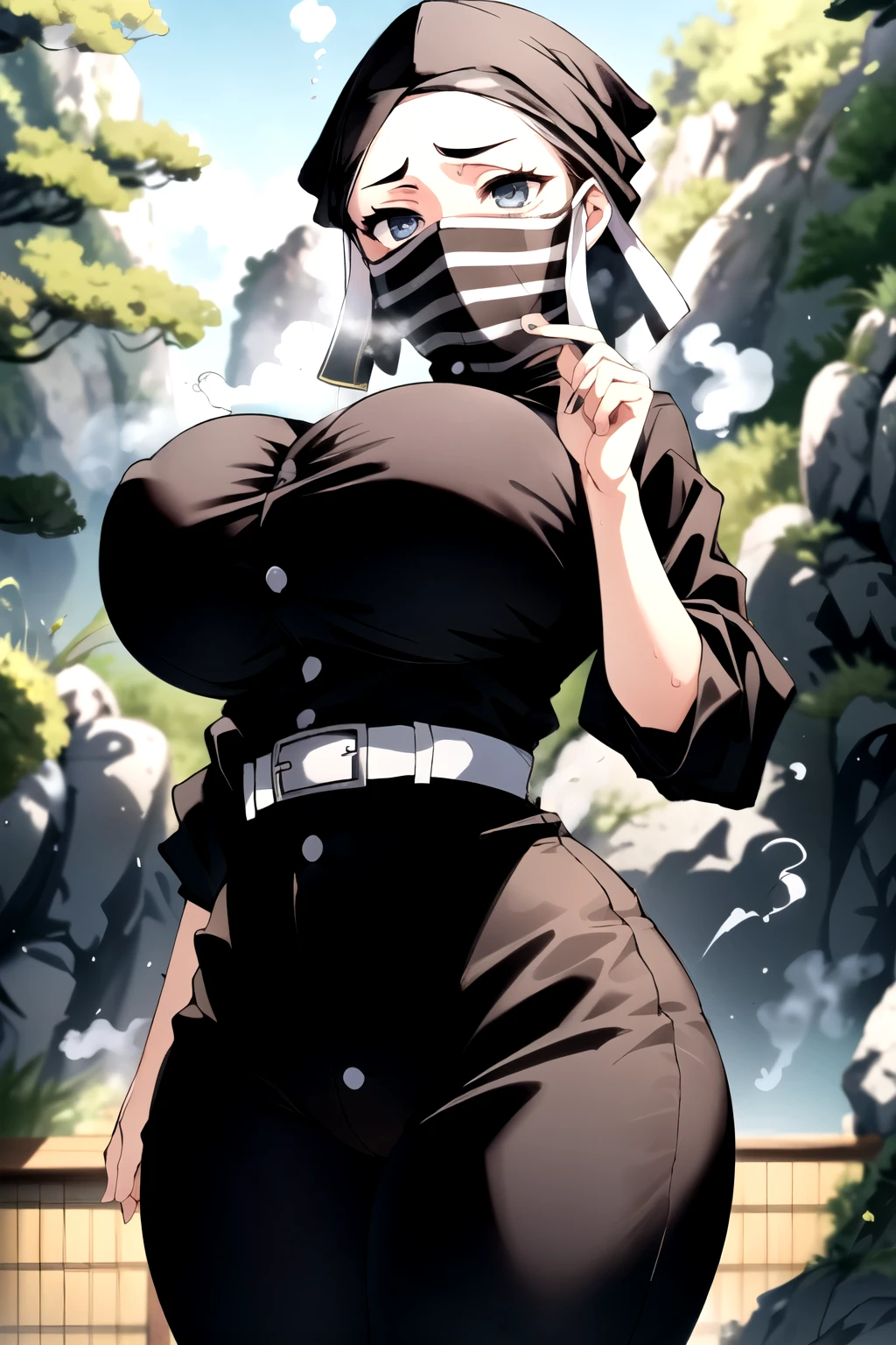 (masterpiece, best quality, ultra detailed, absurdres)1.5, 1girl, (sexly, beautiful woman, perfect face, perfect eyes, perfect female body, Curvaceous figure,large breasts:1.4),(kakushi_girl, black hair, belt, horizontal stripes mask, black and white mask, white belt, demon slayer uniform, bandana, short hair, forehead, ), (standing, outdoors, Japanese forest), perfect lighting, smooth, hdr,breast focus,sweat,steam,breath,blush