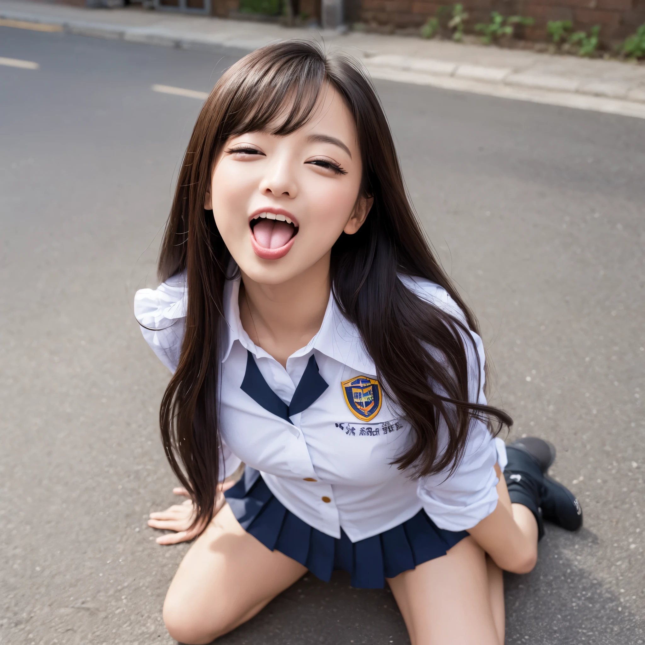 ((Highest quality)), ((masterpiece)), (detailed), Long-haired ,Sitting on the ground with legs open in an M shape,uniform,Unbuttoned,The expression is excited,Showing off female genitalia,Sticking out tongue,The gaze is looking upwards,The eyes are half-open