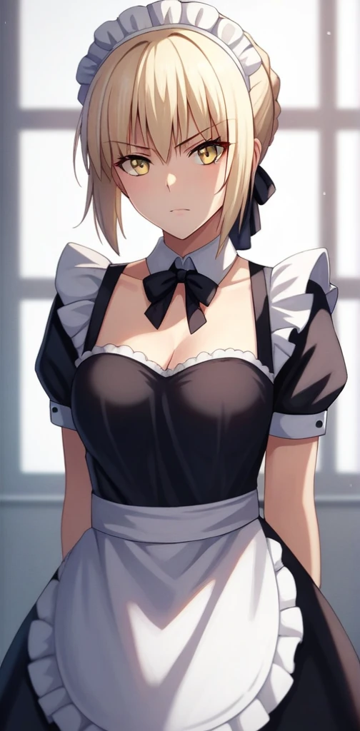 masterpiece, absurdres, best quality, ultra detailed, high Resolution, detailed illustration, bright colour, (extremely beautiful detailed face and eyes, Delicate beautiful face, 1 girl, cute face:1.3), (magenta eyes:1.1), sparkling eyes, big eyes, medium breasts, (perky breasts:1.1), (pointy breasts:1.1), medium hips, glamorous body, white skin, BREAK, long bob cut, (blonde hair:0.8), messy hair, detailed hair, shiny hair, BREAK (undressed, Maid clothes:1.5), (SEX, vagina, Masturbation:1.3), perfect lighting, (embarrassed:1.5), (ecstasy, vulgarity:1.5), (trembling:0.8), Raise one leg, From below,