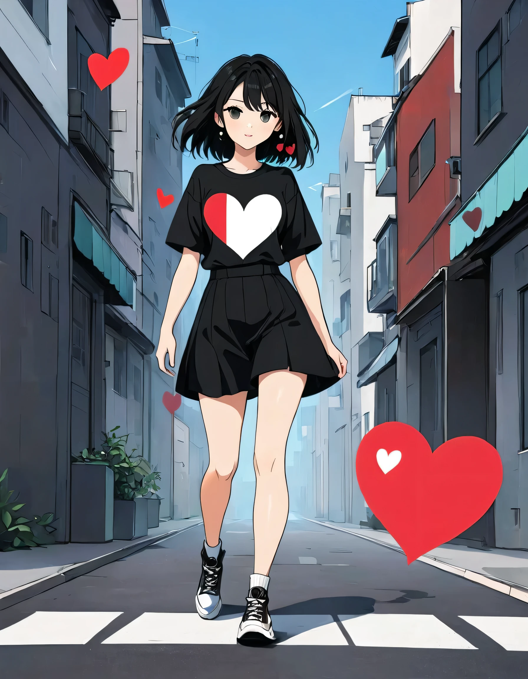Black Star Red and White style, Simple Line Initialism，Abstract art，Urban Background, colorful hearts ,(((The most beautiful girl of all time))), walking