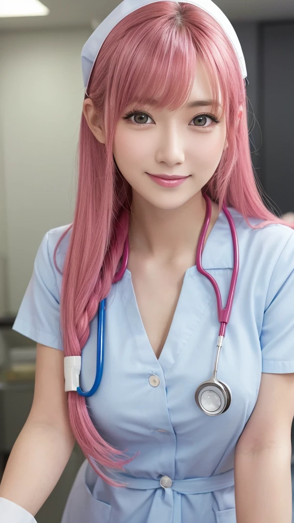 四つん這いのポーズ, ベッド, Show me the cleavage, 体から上を写して, (photo Practical:1.4), (hyper Practical:1.4), (Practical:1.3), (Smoother lighting:1.05), (Improving the quality of film lighting:0.9)、Natural light、Professional photos, Practical portrait,(1 female), pink hair, Medium Length Hair, Beautiful face and eyes, very cute face, Smile, vitality, vitality, (Real short nurse uniform:1.2), light pink, White, (Chest Nurse:1.4), (Ward), stethoscope, White Wallpaper, Sexy girl portrait, (view from below:1.2)
, One Girl, hoshino (Blue Archive), alone, Heterochromia of the iris, Long Hair, Ahoge, hello, valley, Big Breasts,Show Viewer, ID card, Open your mouth, very Long Hair, smile, bangs, blush, Hair between the eyes, High resolution,masterpiece, Highest quality,Adjust the proportions of your fingers