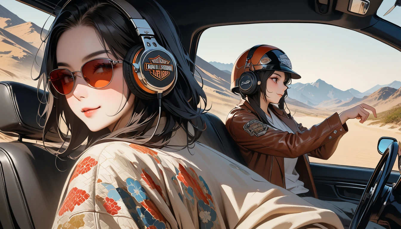 ((8k of extremely detailed CG unit, Masterpiece, high resolution, highest quality, highest quality real texture skin)), (((profile))), (((Japanese pattern leather jacket))), (((Harley-Davidson))), (((Japanese style headphones))), (((sunglasses))), (((Smiling while driving))), (((Japanese patterned helmet))), ((1 girl)), (Black hair, messy hair, beige skin), (surreal, digital painting)