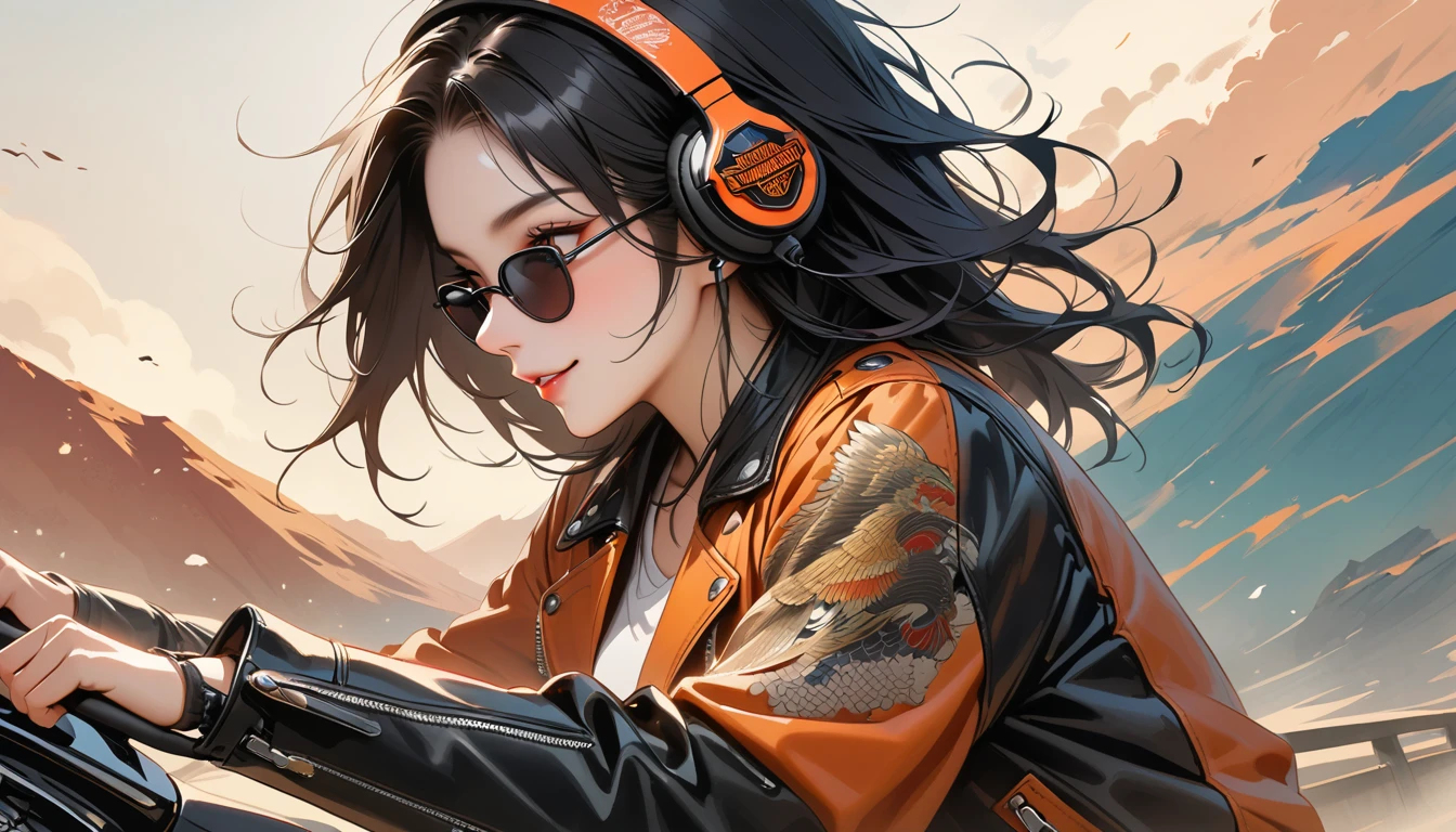 ((8k of extremely detailed CG unit, Masterpiece, high resolution, highest quality, highest quality real texture skin)), (((profile))), (((Japanese pattern leather jacket))), (((Harley-Davidson))), (((Japanese style headphones))), (((sunglasses))), (((Smiling while driving))), (((Japanese patterned helmet))), ((1 girl)), (Black hair, messy hair, beige skin), (surreal, digital painting)