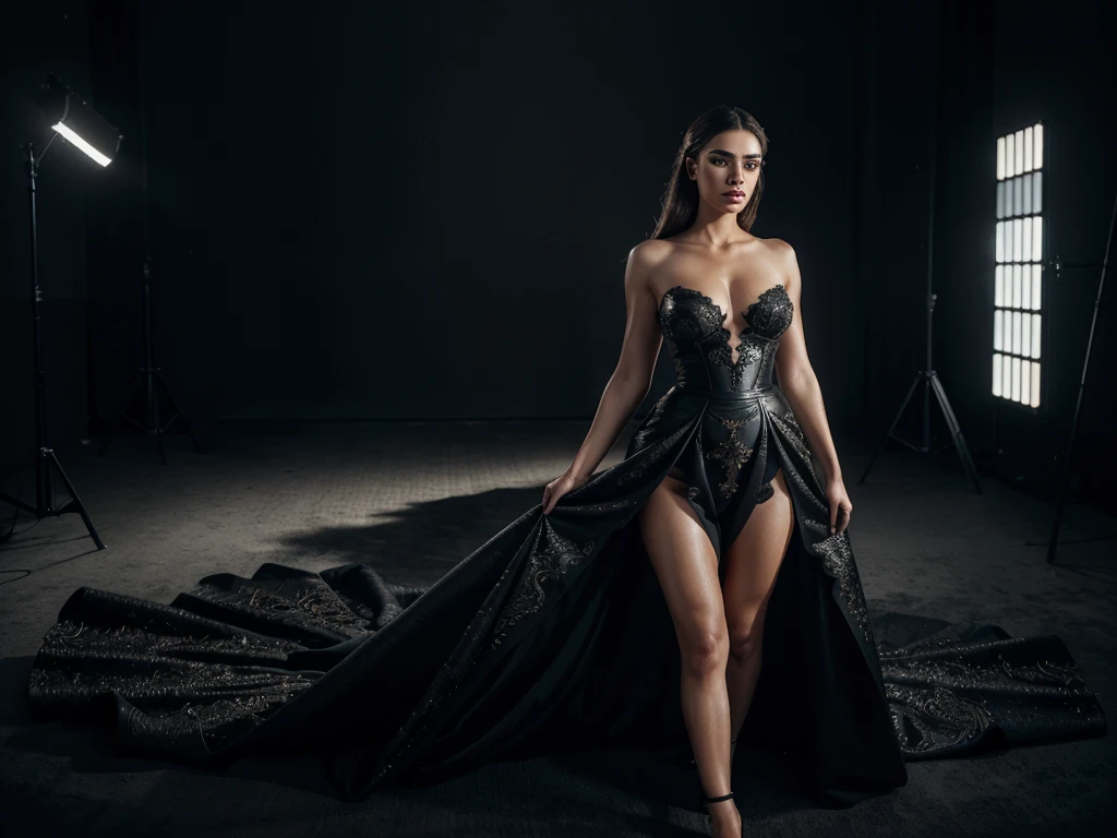 a gorgeous woman, full body portrait, high fashion editorial, dramatic lighting, cinematic pose, elegant dress, dramatic makeup, beautiful detailed eyes, beautiful detailed lips, extremely detailed face and skin, hyper realistic, 8k, photorealistic, high quality, intricate details, studio lighting, professional photography, dramatic color palette, moody atmosphere