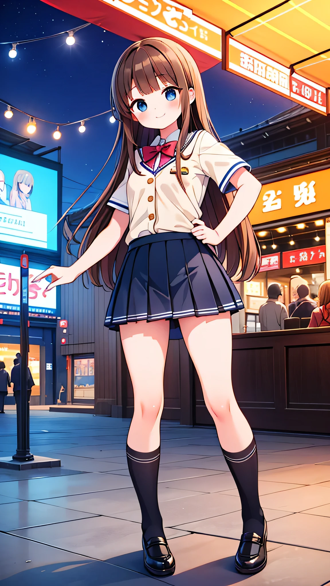 {Highest quality], [Super beautiful], [Ultra fine], [Best illustration], NSFW,Brown Hair, Hime cut, Long Hair, With bangs, girl,,uniform,knit cardigan,Short sleeve,skirt,smile, blush, Slender women,Strike a Pose,(Public),Night Park,Summer festival,diagonal, Navy blue knee socks,Black loafa