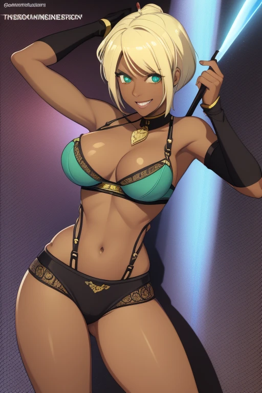 Queen,Perdita Vladek,blonde_hair,green_eyes,medium_brests,Official_art_style,Western_cartoon_style,oung justice,short_hair,1girl,smile,dark_skin,Blue_top,Black_pants,Perdita, Young, justice, Dc, comics,dark-skinned female, ,1 girl,brown skin,dark skin,green eyes,medium hair,,Perdita, Young, justice, Dc, comics, lingerie pole dance