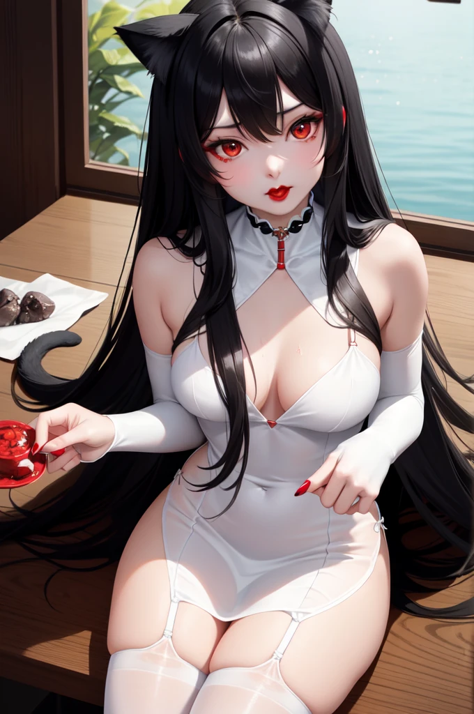 1 girl、Detailed facial details,Cat ear,Black long hair,Red lips,Slim,Wearing a white cheongsam,silk stockings,Large Breasts,Charming red eyes,Handcuffs,Collar,Radiant Skin,Sitting at the table,Small bridges and flowing water