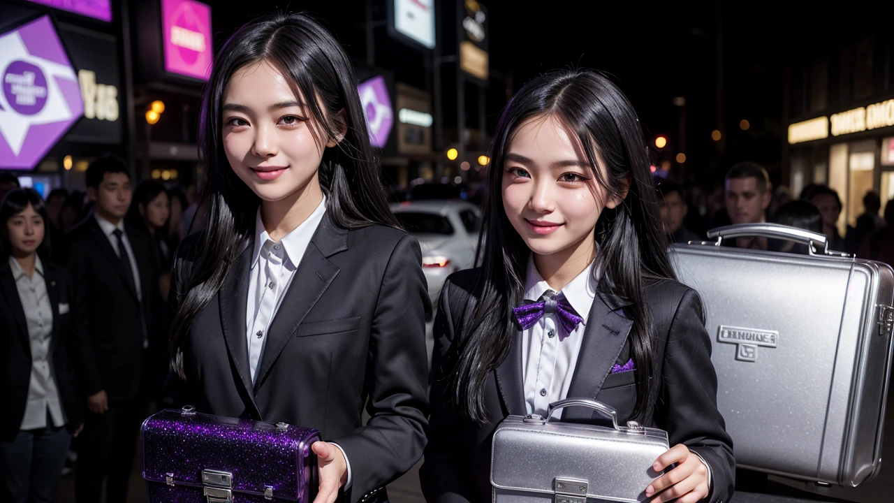 Beautiful high school girl, long black hair with purple glitter, wearing a very elegant black suit with a silver briefcase with a mocking smile.