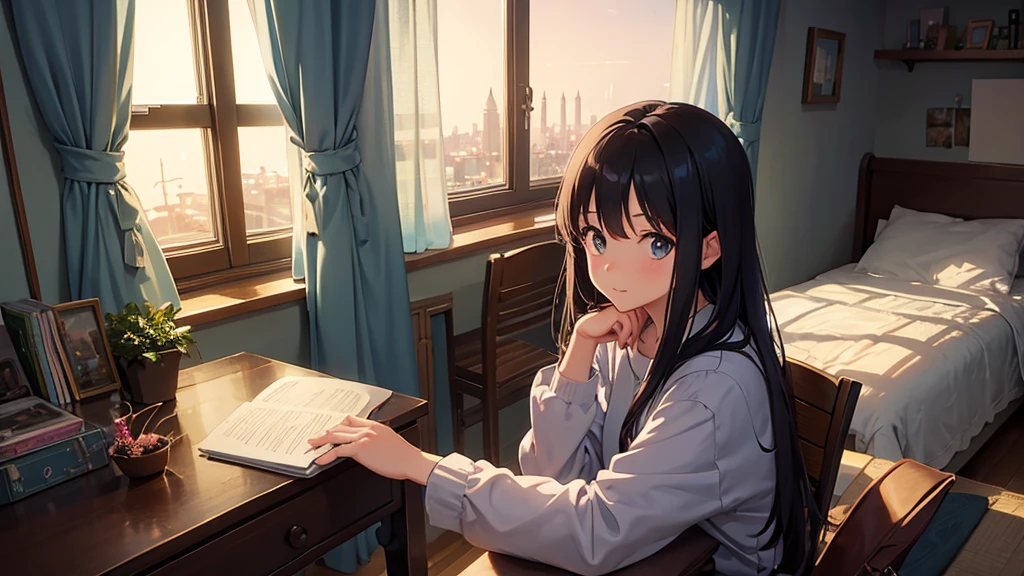 Ghibli style, A girl studying alone at a desk,Beauty， Night view from the room, A dreamy look outside the window, Cute girl in anime style, Relax in your room, A room filled with warm light