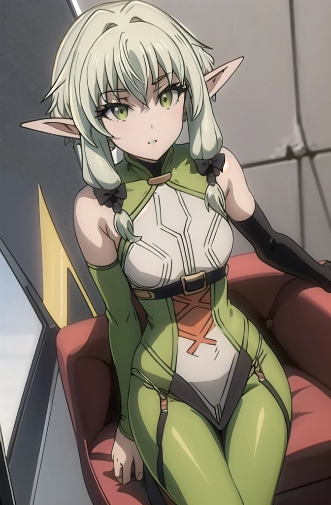 (masterpiece, best quality, detailed), 1girl, solo, pikkyhighelf, looking at viewer, green hair, sidelocks, hair between eyes, bangs, long hair, green eyes, pointy ears, elf, bow, black bow, hair bow, small breasts,
stealthtech, cutting edge, scifi, bodysuit, shoulder armor, interface headset, sleek angular, indoors, office, desk, office chair, leaning forward, hanging breasts, arm support, parted lips