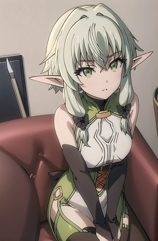 (masterpiece, best quality, detailed), 1girl, solo, pikkyhighelf, looking at viewer, green hair, sidelocks, hair between eyes, bangs, long hair, green eyes, pointy ears, elf, bow, black bow, hair bow, small breasts,
stealthtech, cutting edge, scifi, bodysuit, shoulder armor, interface headset, sleek angular, indoors, office, desk, office chair, leaning forward, hanging breasts, arm support, parted lips