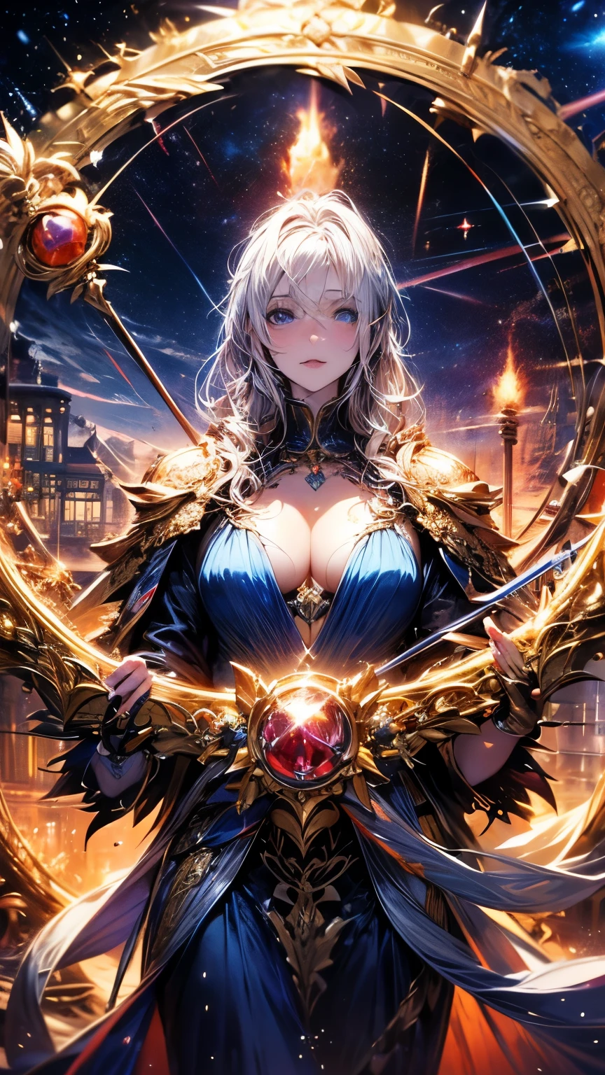 8K resolution, masterpiece, Highest quality, Award-winning works, unrealistic, From above, erotic, Only sexy women, healthy shaped body, 22 years old, Black Mage, Height: 165cm, huge firm bouncing busts,, Silvery long wavy hair, Detailed facial depiction, break, Mysterious blue eyes, Standard nose, eyeliner, Pink Lips, Sexy long legs, Transparent muscle, holy knight, Gothic ruffle long dress, A dress with a complex structure, Seven colourful dresses, Clothed in flames, royal coat of arms, elegant, Very detailed, Delicate depiction of hair, Miniature Painting, Digital Painting, artステーションコンセプトart, Smooth, Sharp focus, shape, artジャム、Greg Rutkowski、Alphonse Mucha、William Adolphe Bouguereau、art：Stephanie Law , Royal Jewel, nature, Symmetric, Greg Rutkowski, Charlie Bowwater, unrealistic, Surreal, Dynamic Lighting, ファンタジーart, Complex colors, Colorful magic circle, flash, dynamic sexy pose, A kind smile, Mysterious Background, aura, A gentle gaze, break, Small faint lights and flying fireflies, night, lanthanum, 山の頂From above下界を見下ろす, Starry Sky, milky way, nebula, shooting star, A sacred staff that emits a brilliant light, Back view, Facing the camera