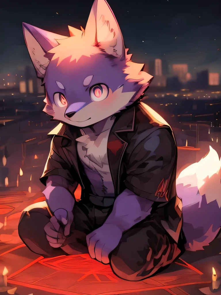masterpiece, best quality, Perfect anatomical structure, Bright Eyes, Big watery eyes, author:Ruhu1145, hairy, fox, Purple fur(trigger:0.3), Muscle Man, Solitary, Wearing short sleeves, City,magician,Summoning Circle
