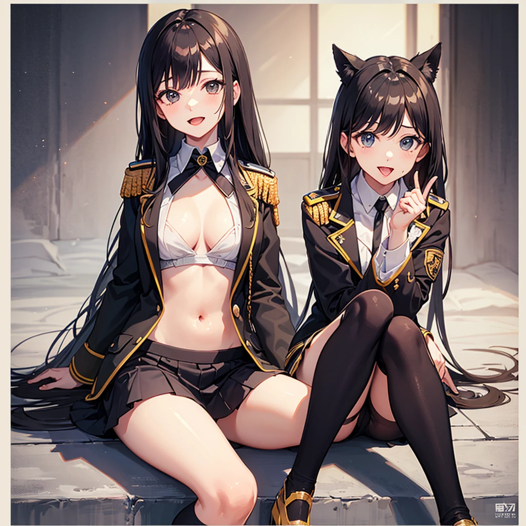 ((Highest quality)), ((masterpiece)), (detailed), Long-haired ,Sitting on the ground with legs open in an M shape,uniform,Unbuttoned,The expression is excited,Showing off female genitalia,Sticking out tongue,The gaze is looking upwards,The eyes are half-open