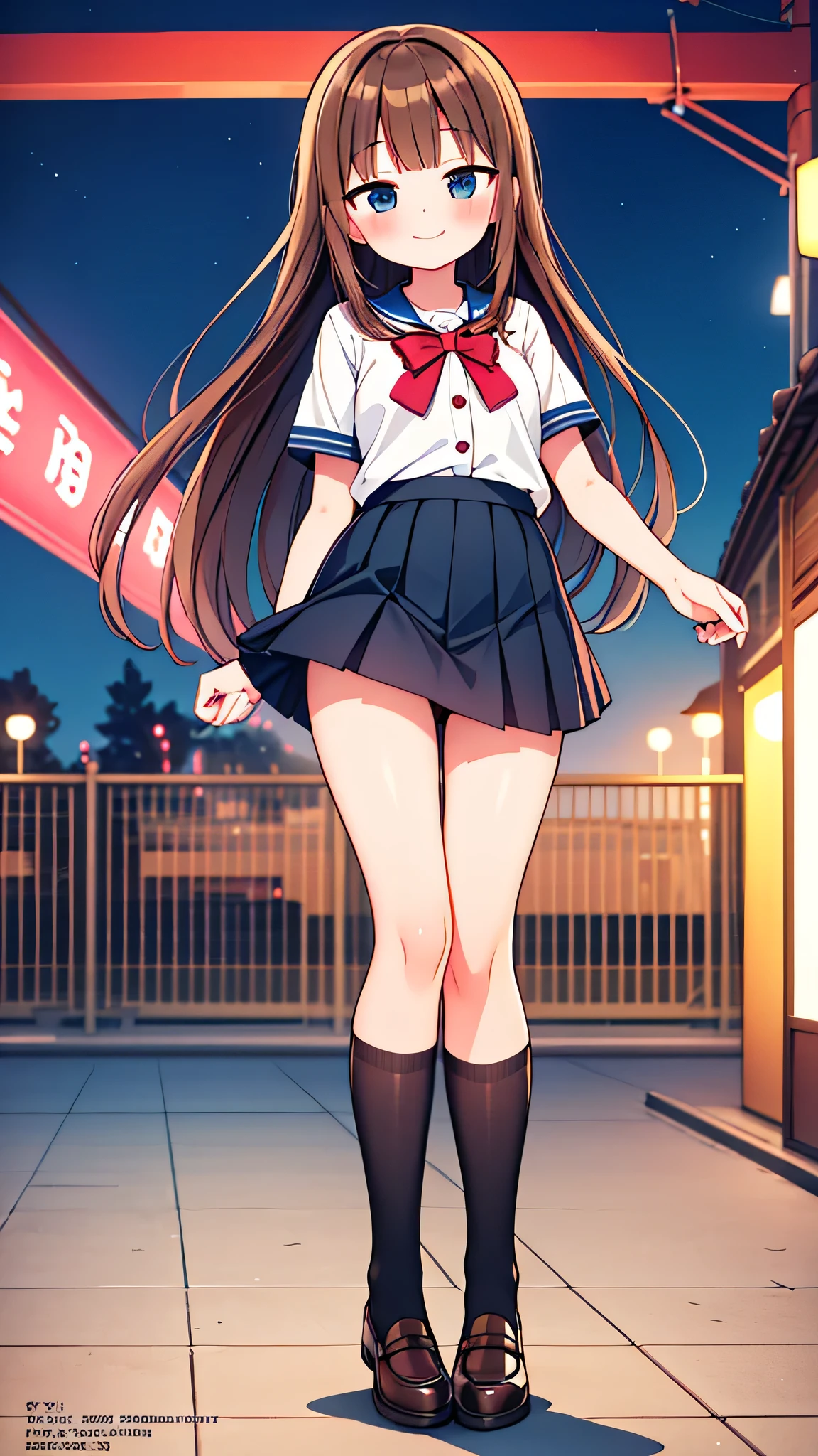 {Highest quality], [Super beautiful], [Ultra fine], [Best illustration], NSFW,Brown Hair, Hime cut, Long Hair, With bangs, girl,,uniform,knit cardigan,Short sleeve,skirt,smile, blush, Slender women,Strike a Pose,(Public),Night Park,Summer festival,diagonal, Navy blue knee socks,Black loafa