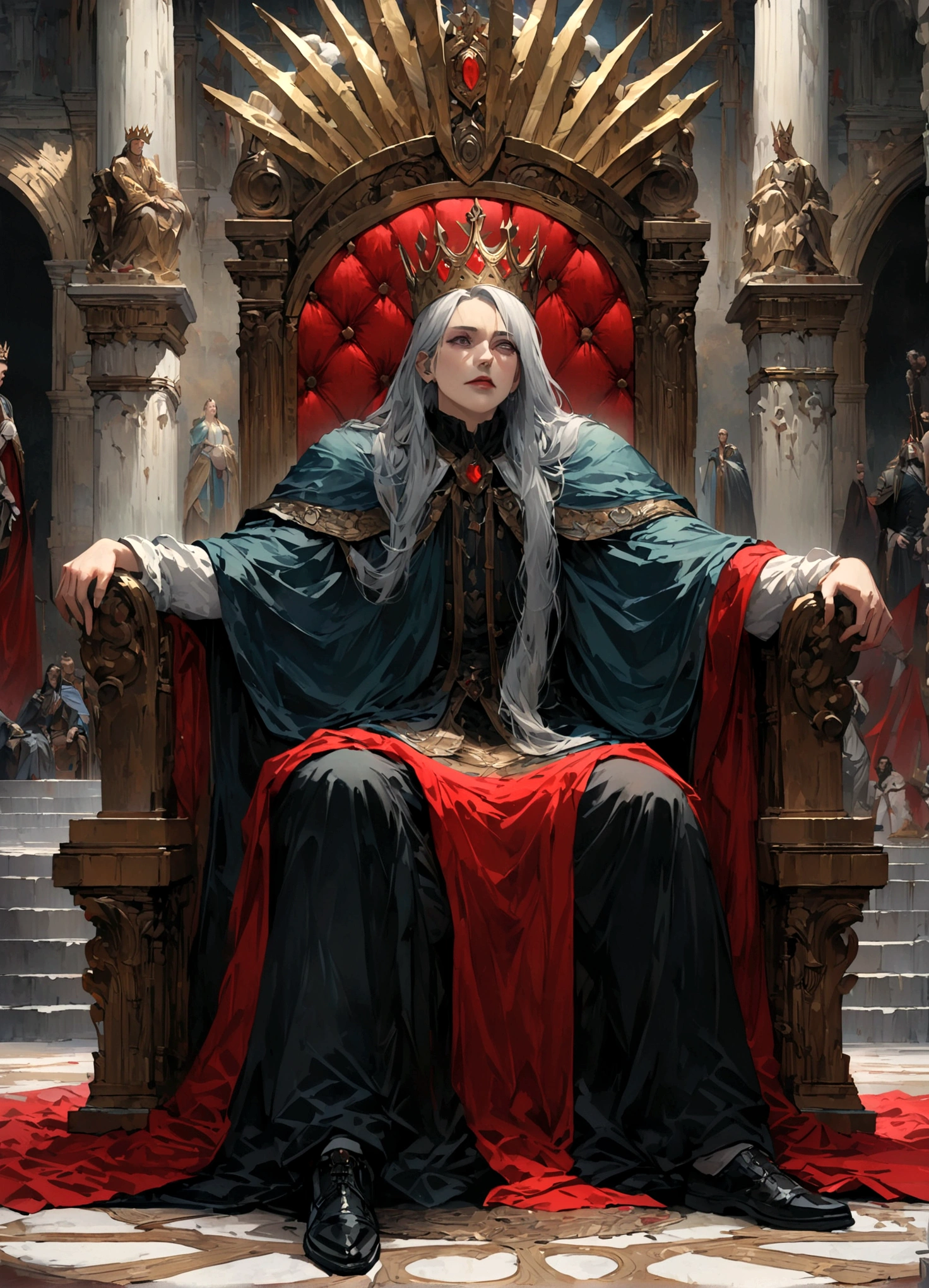 Throne room scenery,oil painting style,king sitting on the throne,Subjects prostrating,A king with absolute power who looks down on his subjects,There is a distance between the king's throne and his subjects.,BREAK,the king is a newly crowned man,He wears clothes and a cloak befitting a king.,crown,I rest my chin on the armrest of the throne.,He is a king with a cruel personality.,anatomically correct,BREAK,A painting depicting an era in history,paint with oil paint,structurally correct,(masterpiece:1.3),(highest quality:1.4),(ultra detailed:1.5),High resolution,extremely detailed,unity 8k wallpaper,decadent,dark fantasy,horror style,fear,awe,feeling of pressure