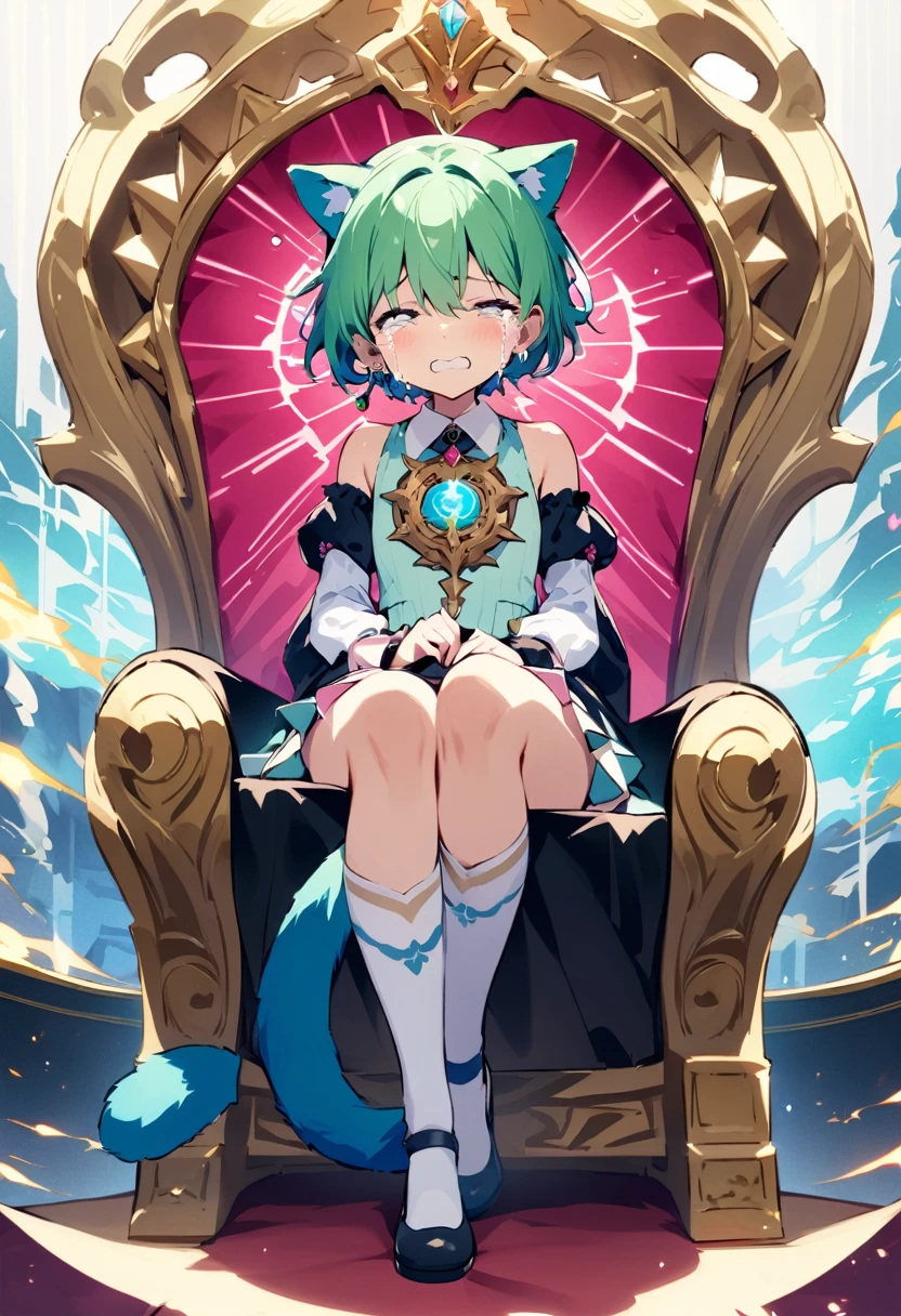 masterpiece, Highest quality, Illustration of the novel, High resolution, 18+ Adult content, Sensual, Intimate, Emotional, Passionate, romantic, sweet, Adorable, Innocent, Pure, Fascinating, Fascinatingな, Charm, mysterious, Fascinatingな, Fascinating, Immersive, Fascinatingな, dream-like, Surreal, Imaginative, Whimsical, Artistic, Avant-garde, timeless, elegant, Sophisticated, chic, Sophisticated, personality, original, Fascinatingな,One Girl,Deltamon_beta, alone, blue eyes, Knee socks, Animal ears, Bare shoulders, Blue Tail, Earrings,Removable sleeves, Green Hair, Sleeveless, Cat ear, bag, white Knee socks, Cat'tail,pink backpack,Pink school bag,Lavender lace: Lavender Peter Pan collar lace dress, Paired with ivory tights and Mary Jane shoes.,Cherry-blossom viewing, azalea, satsuki, azalea blizzard,
rest ((Avoidance method ((子Cat)), Crying face)),((Throne of Power,Throne of Power:1.3))