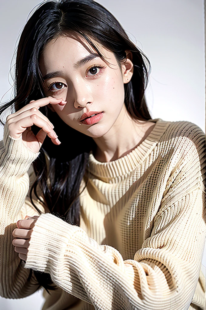 1girl,sweater,white background,