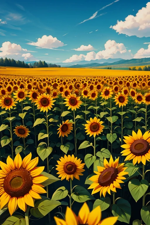 A field of sunflowers spreading all over。There&#39;s a rainbow in the sky