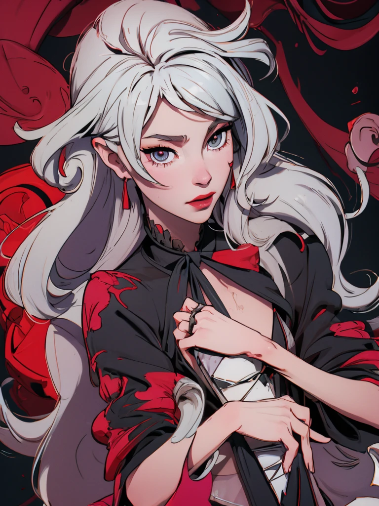 Hand drawn illustrations,Clean background,A woman,White long hair,Wearing a red robe with dark patterns,The body is supported by bananas,Strong contrast
