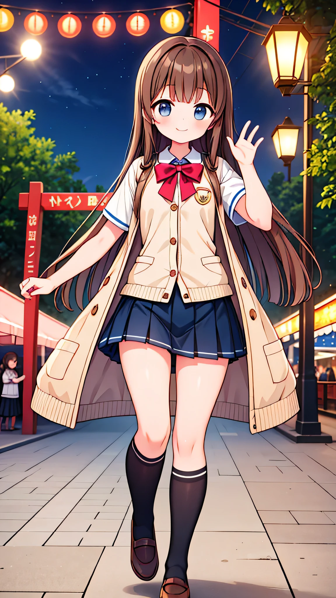 {Highest quality], [Super beautiful], [Ultra fine], [Best illustration], NSFW,Brown Hair, Hime cut, Long Hair, With bangs, girl,,uniform,knit cardigan,Short sleeve,skirt,smile, blush, Slender women,Strike a Pose,(Public),Night Park,Summer festival,diagonal, Navy blue knee socks,Black loafa