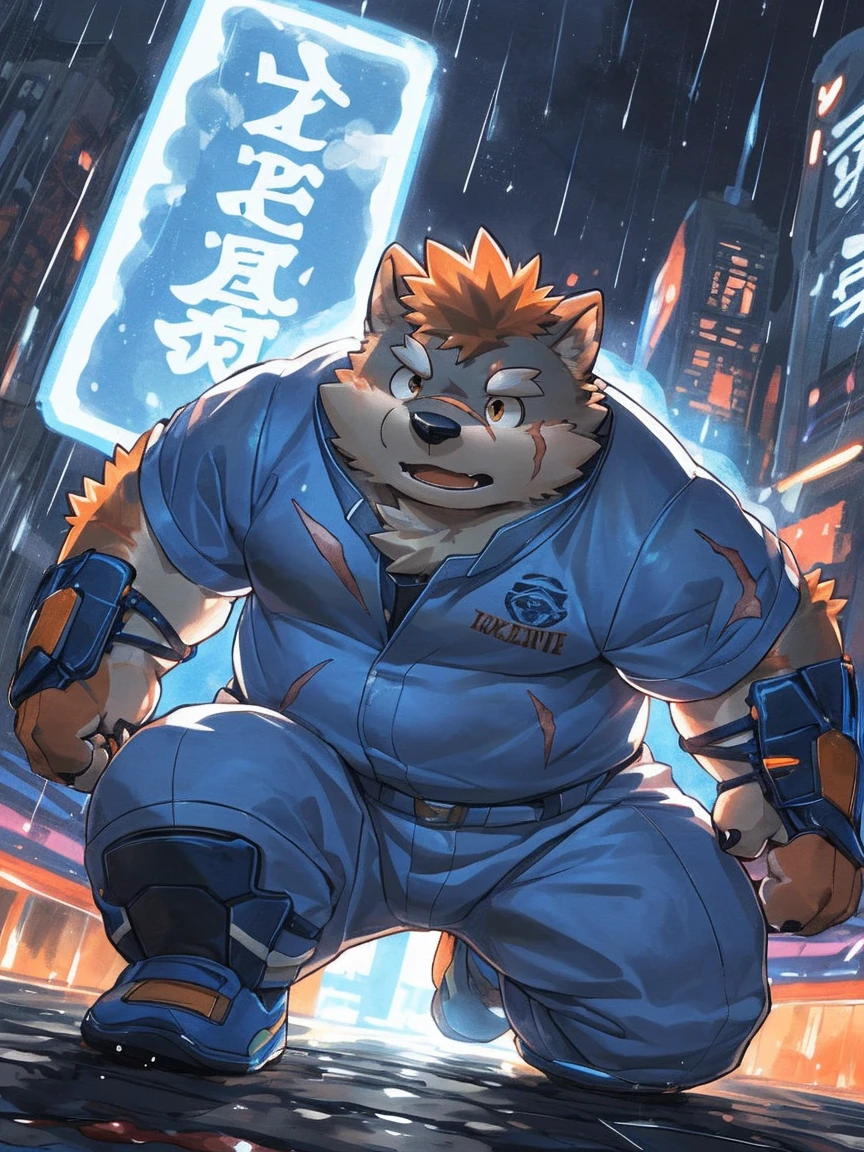 human nature, Wildlife, male,18 years old， solitary, ((Round Face, The face is plump,Orange eyes,Thick orange hair，With scars)), ((Endomorph, Handsome，Hot Blood)), (Sportswear，Light blue and white coat，Wear a sports cap), ((domestic 犬, Dog Orc，) Fluffy fur, Fluffy), Bokeh, (high quality, high resolution, masterpiece), (Dynamic Lighting, Vibrant colors，Natural fill light), (Revitalize，harm，Disdain，aggressive), Full body picture (close up), cartoon, author：Takemoto Arashi, From zixiong, By Chunni, author：Empty Ghost，（background：Raining dead city）