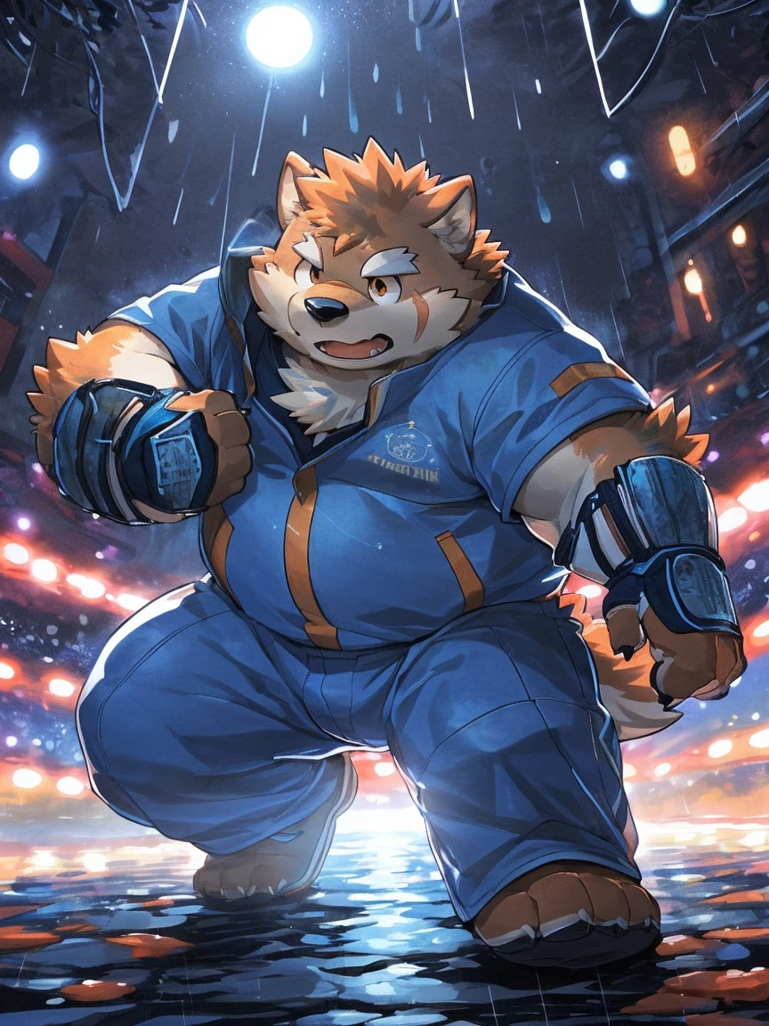 human nature, Wildlife, male,18 years old, solitary, ((Round Face, The face is plump,Orange eyes,Thick orange hair,With scars)), ((Endomorph, Handsome,Hot Blood)), (Sportswear,Light blue and white coat,Wear a sports cap), ((domestic 犬, Dog Orc,) Fluffy fur, Fluffy), Bokeh, (high quality, high resolution, masterpiece), (Dynamic Lighting, Vibrant colors,Natural fill light), (Revitalize,harm,Disdain,aggressive), Full body picture (close up), cartoon, author:Takemoto Arashi, From zixiong, By Chunni, author:Empty Ghost,(background:Raining dead city)