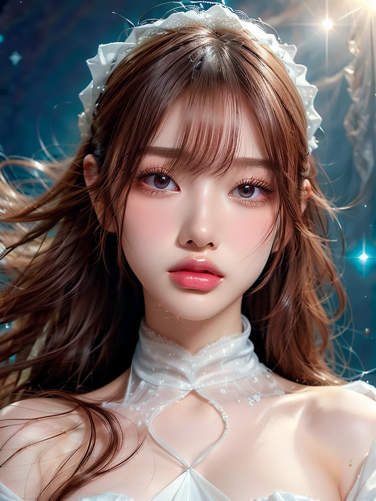 4K Ultra HD, masterpiece, A girl with a magical aura, Nice face, Long Hair, Shiny Hair, Fine grain, Glossy lips, Nude 1.5, Aura around the body, Magical Effects, Spreading white light, Cosmic elements and ethereal atmosphere, A mix of bright lights and colorful nebulae, Space Background,, Full Body Capture.Whitening、Silver Hair、(((Naked and wearing white cloth 1.5)))、Hair and fabric fluttering in the wind、(((２Girl 1.5)))