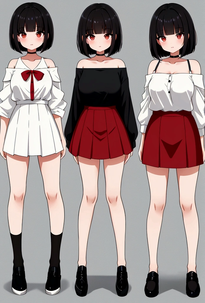 Black hair, bob with bangs, brown eyes, white off-the-shoulder shirt, red hip skirt, mid-length knee-length,Full body pictures,Character Design,Design from different angles,Three expressions,Three postures,High-resolution images