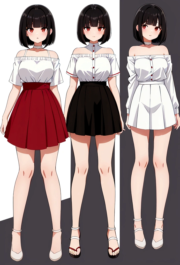 Black hair, bob with bangs, brown eyes, white off-the-shoulder shirt, red hip skirt, mid-length knee-length,Full body pictures,Character Design,Design from different angles,Three expressions,Three postures,High-resolution images