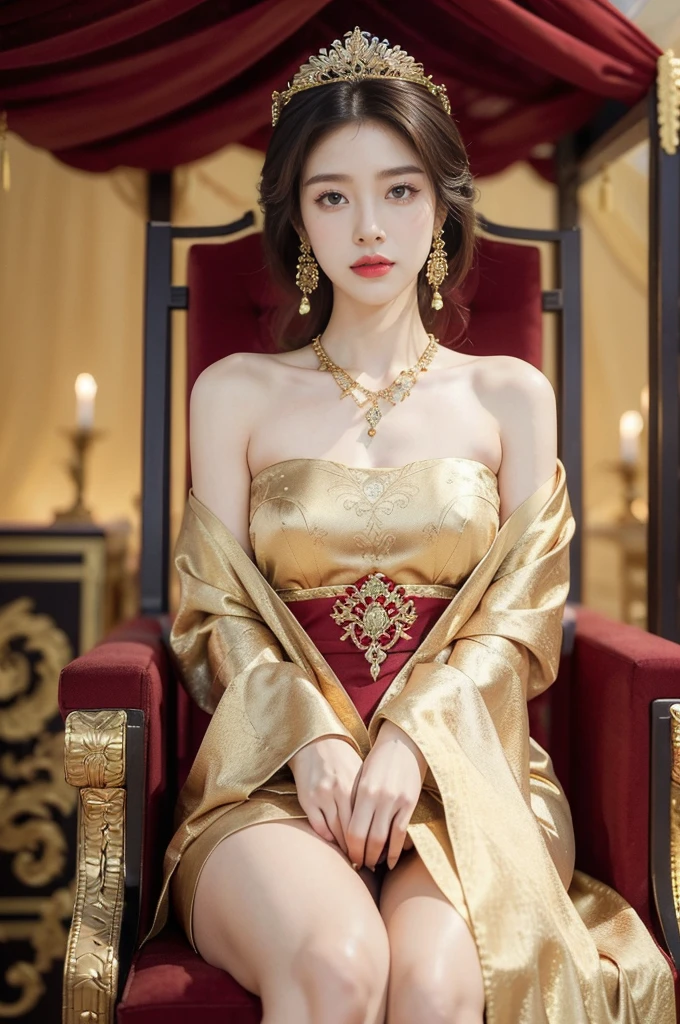 (((best quality))),(((ultra detailed))),(((masterpiece))),illustration,1 girl,solo,slim,thin,shoulder length straight bob hair,earrings,necklace,small breasts,flat chest,slender legs,high heels,Asian appearance,princess,royal,Chinese palace,night scene,magnificent dragon gown,golden crown,intricate embroidery,luxurious fabric,precious stones,(sitting on the metallic throne:1.3),(arms behind back:1.3),decorative patterns,rich decorations,luxurious furnishings,regal charm,beautiful face,gentle smile,bright eyes,historical,traditional,city lights,modernity,frozen moment,beauty of the past,evolution of time,(from front:1.3),(spread legs apart:1.3),(upper body:1.2)