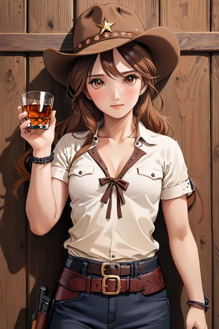 (((NSFW:1.8))),((Nude:1.9))),(((1 person:2.0))),(((Completely naked:Woman 1.8))),(((Brown gun belt with holster:1.8))),((Brown cowboy hat)),((Wear a metal watch on your wrist:1.8))),(((Showing cleavage))),(((Exposed thin inner thighs))),(((Small breasts:1.5))),(((Bare arms))),(((Her hair is brown))),((Blushed:1.2)), Beautiful detailed girl, Very detailed目と顔, 緻密でBeautiful Eyes, Very detailed, High resolution, Highest quality, masterpiece, Very detailed, 8k wallpaper, wonderful, finely, Highest quality, The light shines on your face,,(Standing in front of a wooden wall),Beautiful Eyes,((Engage your audience:1.2)),(((Cowboy Shot:1.5))),((Are standing:1.2)),((Place your right hand on your chest:1.4)),((Hold the whiskey in your left hand.:1.4)),(((Drunk:1.8))),(((Blushed顔:1.5)))