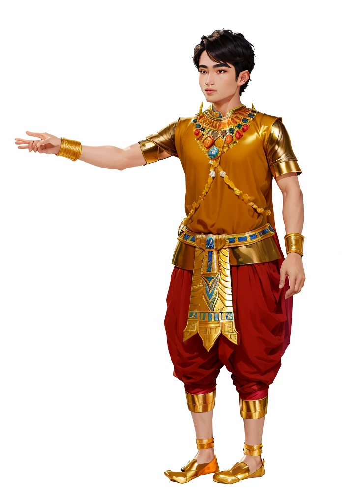 arafed man in a thai costume pointing to something, pharaoh clothes, egyptian clothing, costume desig, egyptian clothes, high quality theatre costume, ashoka tano, sukhothai costume, costume, tai costume, pharaoh, attractive male deity, jeweled costume, high quality costume, brown skin man egyptian prince, costume design, authentic costume