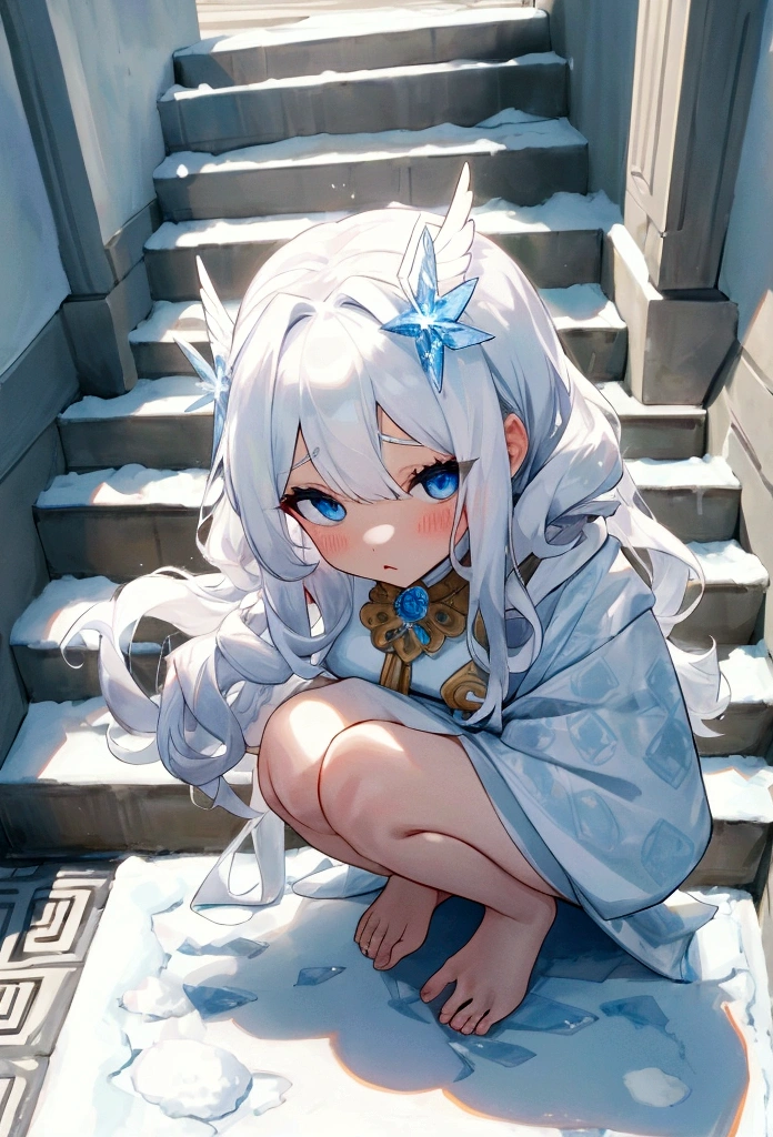 white curly hair，Hair has an ice crystal texture，Perfect face，Squatting on the steps，surprise的抬起頭，Full body close-up from a bird&#39;s eye view，Adult women，Perfect face，roman baths，surprise，frightened，greek god costumes