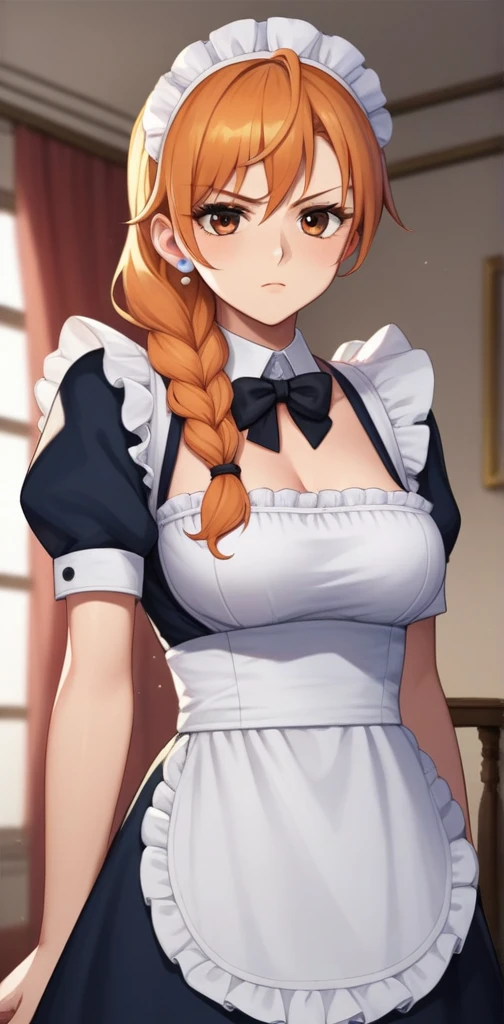 score_9, score_8_up, score_7_up, score_6_up, BREAK source_anime, 1girl, clothed, nami from one_piece, indoors, looking at viewer, serious, maid uniform, braid, 