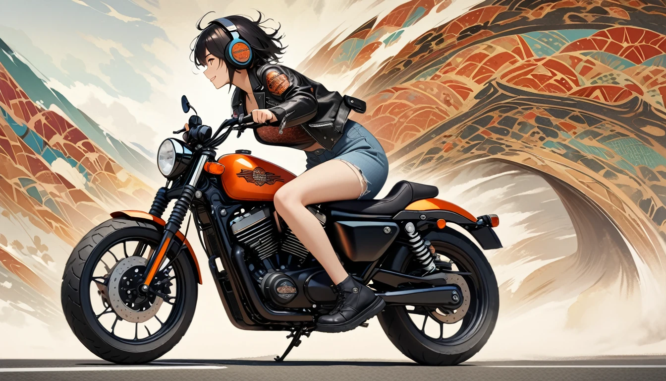 ((8k of extremely detailed CG unit, Masterpiece, high resolution, highest quality, highest quality real texture skin)), (((profile))), (((Japanese pattern leather jacket))), (((Harley-Davidson))), (((Japanese style headphones))), (((sunglasses))), (((Smiling while driving a motorcycle))), (((Japanese patterned helmet))), ((1 girl)), (Black hair, messy hair, beige skin), (surreal, digital painting)