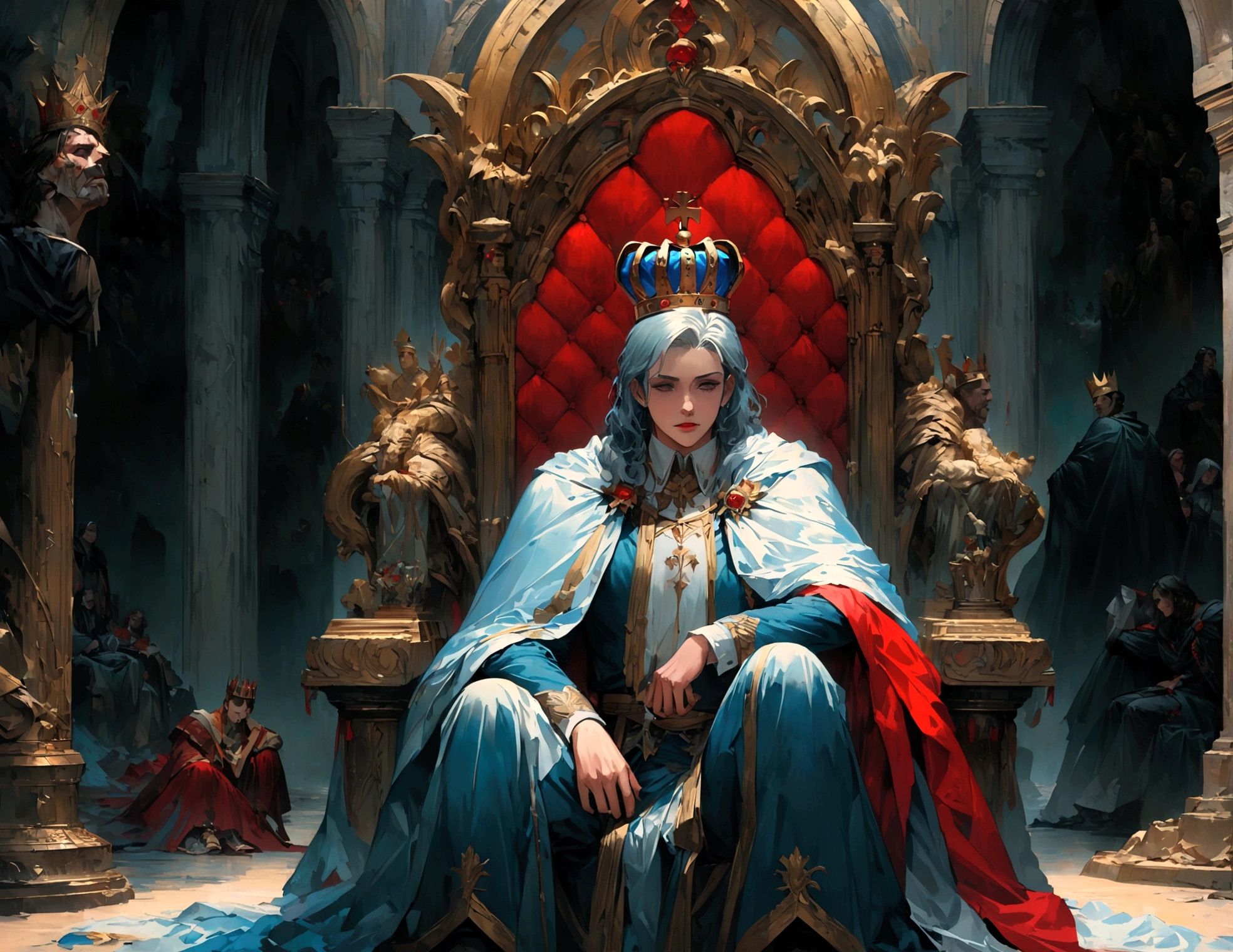 Throne room scenery,oil painting style,king sitting on the throne,Subjects prostrating,A king with absolute power who looks down on his subjects,There is a distance between the king's throne and his subjects.,BREAK,the king is a newly crowned man,He wears clothes and a cloak befitting a king.,crown,I rest my chin on the armrest of the throne.,He is a king with a cruel personality.,anatomically correct,BREAK,A painting depicting an era in history,paint with oil paint,structurally correct,(masterpiece:1.3),(highest quality:1.4),(ultra detailed:1.5),High resolution,extremely detailed,unity 8k wallpaper,decadent,dark fantasy,horror style,fear,awe,feeling of pressure
