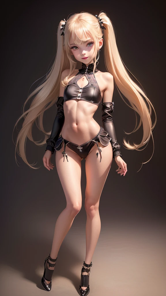 nsfw, ((full body)), (full body in view, full body visible, body forward facing, full body shot: 1.9, full body view:1.9, wide angle:1.2, zoom out, forward facing view), 8K raw photo, Best quality, masterpiece, ultra high res, looking at viewer, ((A  girl, Beatrix Anerhauser (Zom 100))), long wavy blonde hair, twin tails, natural skin texture, Big Eyes:1.8, Exquisite Eyes:1.5, Glowing Ice Blue Eyes:1.8, almond-shaped eyes, eye-shadow:1.5, intensify in many eyelashes, blonde eyelashes, perfectly arched eyebrows, many eyelashes, and face details, rouge cheeks, small nose, cute nose, button nose, full lips, parted lips, smile expression:1.7, perfect teeth, red lipstick:1.2, small nose, cute nose, button nose, beautiful legs, tall female, skinny, long_legs:1.7, slim_legs:1.8, thin_thighs:1.8, thigh_gap:1.8, ((tiny waist:1.8, small hips:1.8)), supermodel, gymnast body, small breasts, shaved pubic area, bald pussy, flat grey background, naked, black silk stockings, black high heels, perfect feet, ((sexy standing pose:1.7, legs spread)), ((full body)), (full body in view, full body visible, body forward facing, full body shot:1.9, full body view:1.9, wide angle:1.0, zoom out, forward facing view, long slender legs in frame, beautiful face in frame, naked, nude), (nsfw, nude, uncensored), ((full body, completely nude, full body in frame)), a young woman in a bikini posing for a picture in a studio, photo of slim girl model, bikini model, 10 year old female model, model with attractive body, feminine slim figure, full body shot, sexy girl, photo of slim girl, sultry body with sexy abs, gorgeous fitness model, beautiful fashion model body, attractive body, full body shot