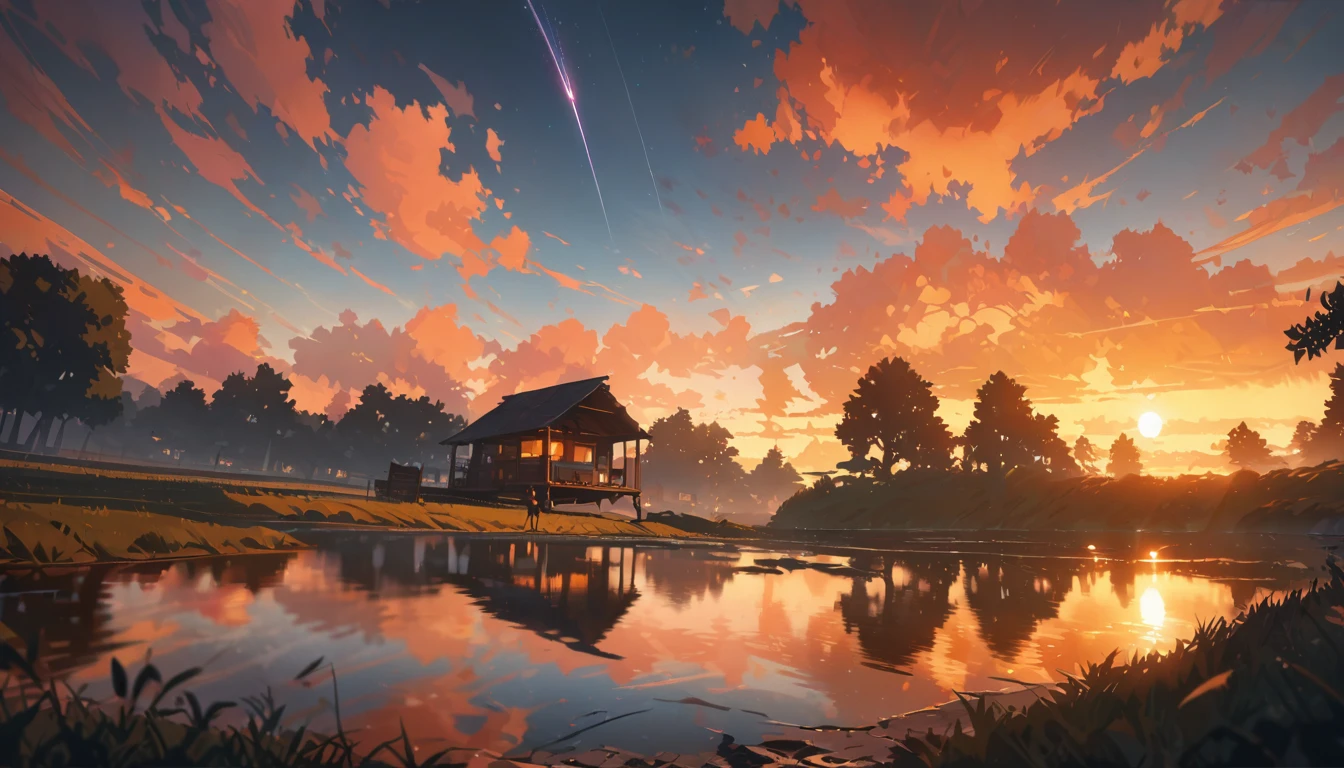 Summer, orange clouds, evening, suset, on the outskirts of the village
, Runway: 1.2, Trees, Shooting Star, Small Waterhole, Reflection, Shady,orange Sunlight, Wide Angle, High Resolution, Fine Detail, Ultra Detail, Sharp Focus, Perspective, Depth of Field, wide shot, atmospheric perspective, perspective, Best Quality, 8K, highres, award winning, super detail, masterpiece