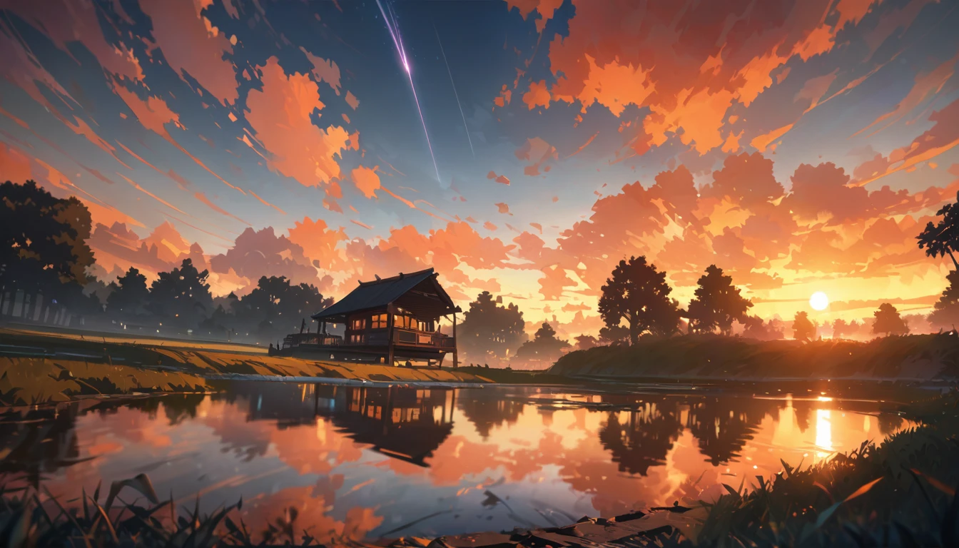 Summer, orange clouds, evening, suset, on the outskirts of the village
, Runway: 1.2, Trees, Shooting Star, Small Waterhole, Reflection, Shady,orange Sunlight, Wide Angle, High Resolution, Fine Detail, Ultra Detail, Sharp Focus, Perspective, Depth of Field, wide shot, atmospheric perspective, perspective, Best Quality, 8K, highres, award winning, super detail, masterpiece