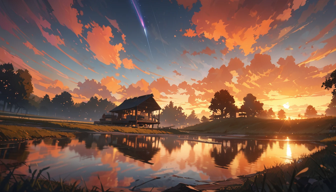  Summer, orange clouds, evening, suset, on the outskirts of the village
, Runway: 1.2, Trees, Shooting Star, Small Waterhole, Reflection, Shady,orange Sunlight, Wide Angle, High Resolution, Fine Detail, Ultra Detail, Sharp Focus, Perspective, Depth of Field, wide shot, atmospheric perspective, perspective, Best Quality, 8K, highres, award winning, super detail, masterpiece