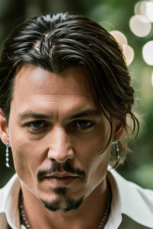 masterpiece, johnny depp walking through the jungle (night among fireflies), (high detail:1 1), rough face, natural skin, high quality, nsfw, beautiful eyes, (detailed face and eyes), (face: 1 2), noise, extra, real photo, PSD, lamp film photography, sharp focus, contrast lighting, detailed skin, high resolution 8k, crazy detail, realistic, professional photography, 8k UHD, SLR camera, soft lighting, high quality, film grain, Fujifilm XT3