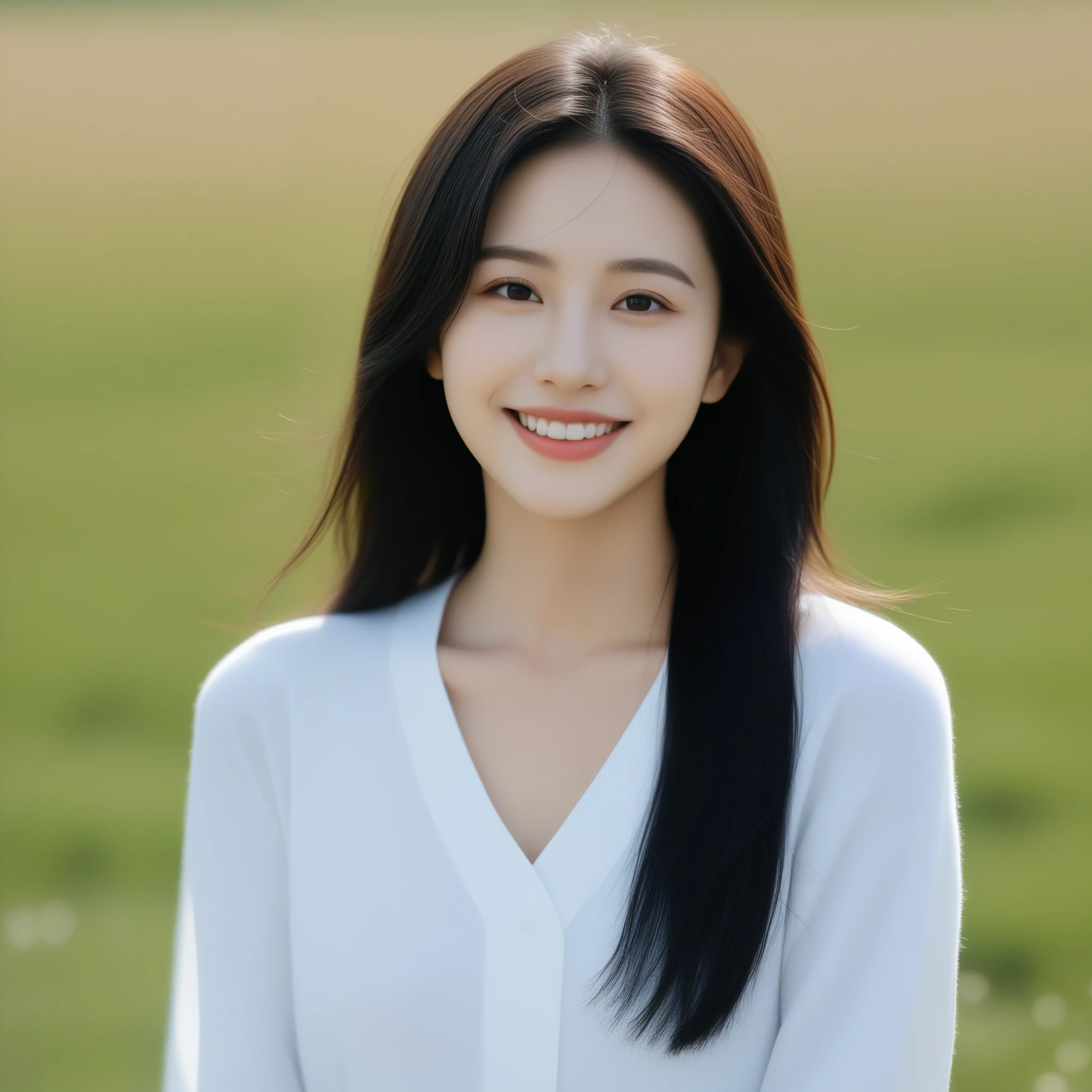 8K, Ultra-high resolution, Highest quality, masterpiece, 三分割法によるphotograph,Surreal, photograph, 1 girl, (:1.3), pretty girl, Cute face, Beautiful eyes in every detail, 細かくdetailedに,masterpiece,, One Girl:1.2, Japan Female Announcer,whole body、Black Hair、well-groomed eyebrows、Cute Lip Makeup,Minimalist Travel,Lonely, Green grassland,空を見上げる1 girl, Minimalism, In the savannah, figure,最もdetailedな,Cute gestures、so beautiful,A carefree smile,Healing the heart,Long Straight Hair,Looking at the audience、beauty,Long neck、Laugh a little、Please close your mouth and laugh、(((Ideal body type))),A-cup small breasts :2,、Portraiture:2、Perfect Anatomy、鮮明なdetailed、detailed、Surreal、Light and shadow,Strong light