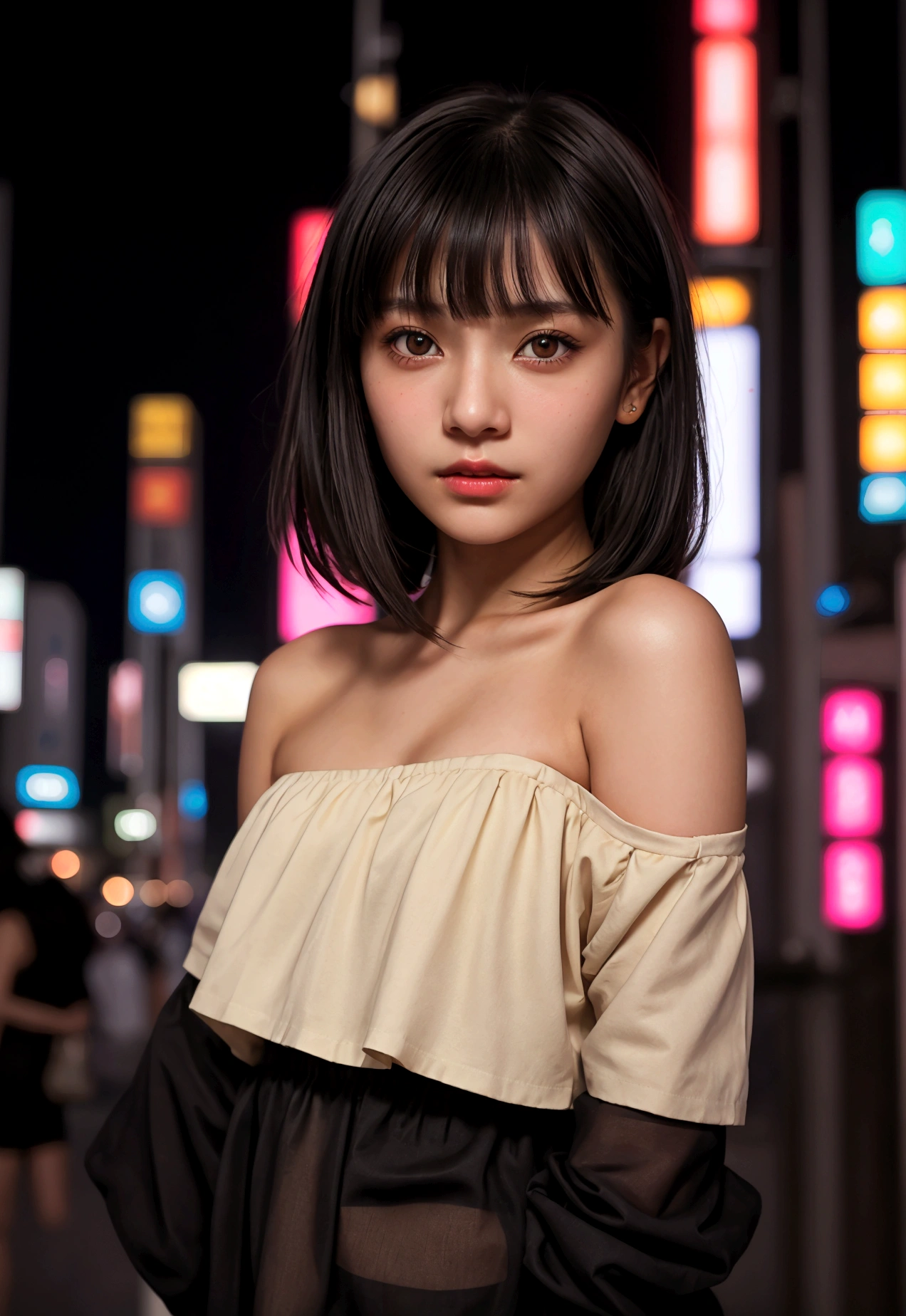 cinematic realistic portrait of a young girl, adolescent, caucasiana, fly away, modern casual dark clothes, minimalist alternative style, Beautiful woman, short, slightly wavy shoulder-length hair with bangs, (honey eyes), Nightlife in Tokyo, neon lights