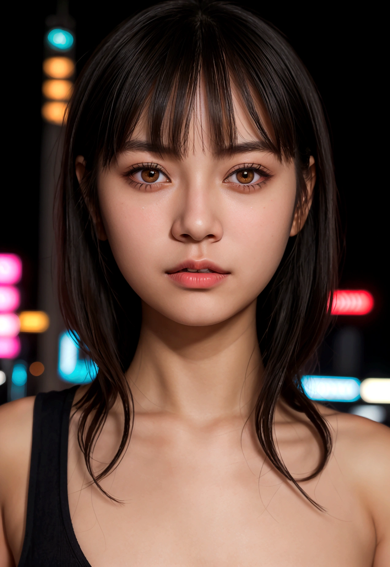cinematic realistic portrait of a young girl, adolescent, caucasiana, fly away, modern casual dark clothes, minimalist alternative style, Beautiful woman, short, slightly wavy shoulder-length hair with bangs, (honey eyes), Nightlife in Tokyo, neon lights