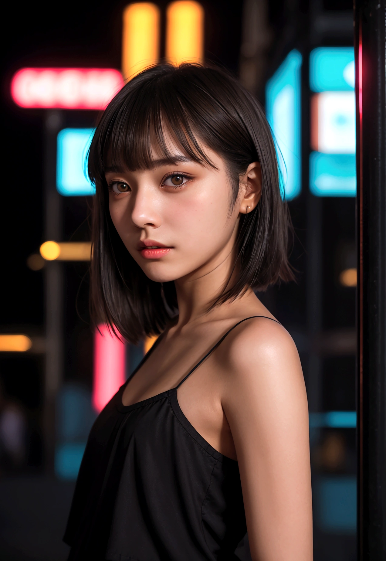 cinematic realistic portrait of a young girl, adolescent, caucasiana, fly away, modern casual dark clothes, minimalist alternative style, Beautiful woman, short, slightly wavy shoulder-length hair with bangs, (honey eyes), Nightlife in Tokyo, neon lights