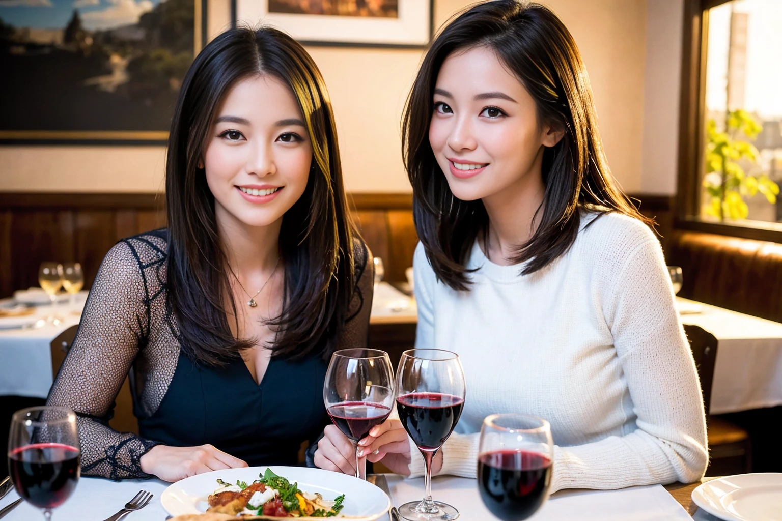 ((Highest quality、8K、masterpiece:1.3))、1 male 1 female、lover、Beautiful couple、Happy smile、full-course dinner、 (Slim face), (the body is スリム), (Brown Hair), (Shortcuts), ((Bob Hale、Straight hair:1.2)), テーブルの上のwine glass、Put the light on your face、 Amazing view of the sunset sky and clouds、The beauty of a smile、Bright image、Blushing, Shortcuts, (Age 35), 39 years old, Appetizers、Italian food、Wine bottle、Champagne、sparkling wine、Long sleeve shirt、dress、Attractive beauty、restaurant, Nova Frog Style, actress, model, Upper Body, White wine, red wine, wine glass,