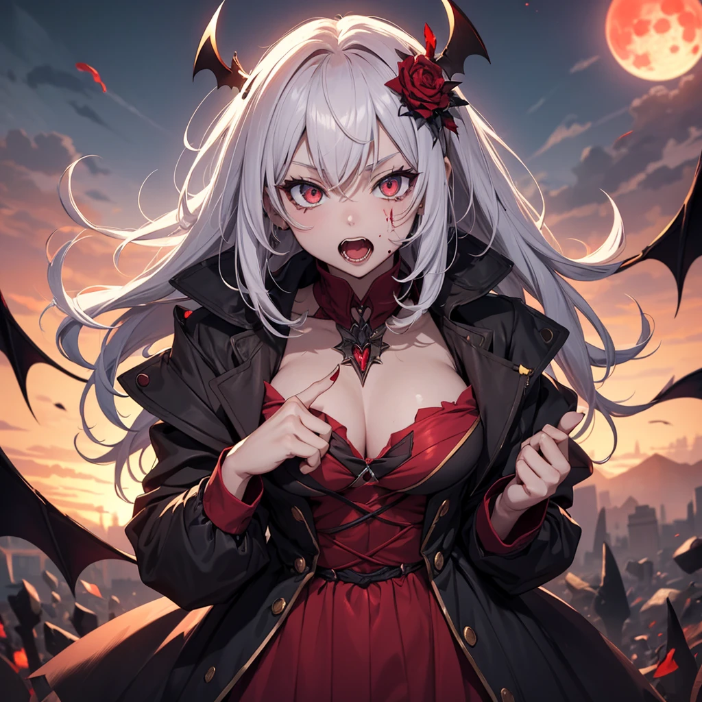 His chest was covered in blood、Anime girl with blood dripping from her chest, Gothic maxi dress,gothic girl anime, gapmoe Yandere grimdark, Devil anime girl, Shatia Bradfren, Bad guy anime 8k, Yandere intricate, portrait gapmoe Yandere grimdark, 1 Vampire girl, bloody + Concept Art, Yandere, Anime style 4k, Detailed digital anime art,With bat wings,(Tiger Teeth),(Open mouth and bite),(Correct finger),Red Moon